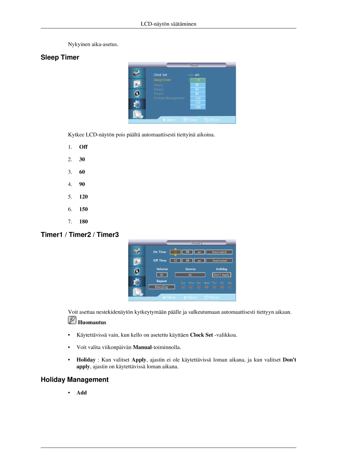 Samsung LH32HBTLBC/EN, LH32HBPLBC/EN, LH32HBSLBC/EN manual Sleep Timer, Timer1 / Timer2 / Timer3, Holiday Management, Add 