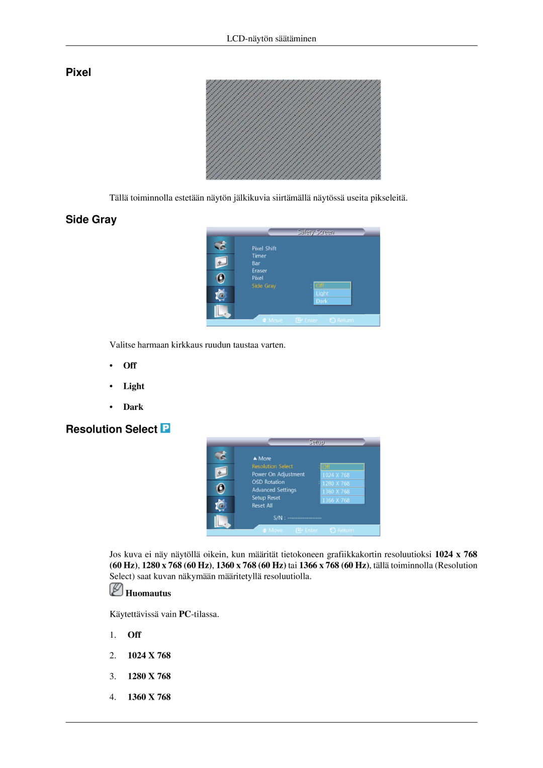 Samsung LH32HBSLBC/EN, LH32HBTLBC/EN manual Pixel, Side Gray, Resolution Select, Off Light Dark, Off 1024 X 1280 X 1360 X 