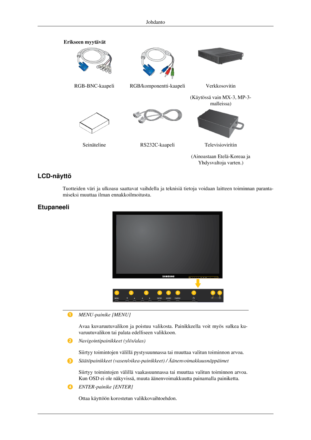 Samsung LH32HBTLBC/EN manual LCD-näyttö, Etupaneeli, MENU-painike Menu, Navigointipainikkeet ylös/alas, ENTER-painike Enter 