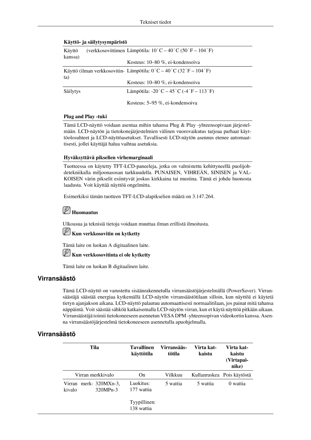 Samsung LH32HBPLBC/EN, LH32HBTLBC/EN, LH32HBSLBC/EN manual Virransäästö 