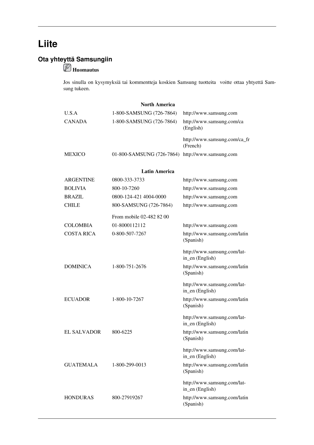 Samsung LH32HBSLBC/EN, LH32HBTLBC/EN, LH32HBPLBC/EN manual Ota yhteyttä Samsungiin, North America, Latin America 