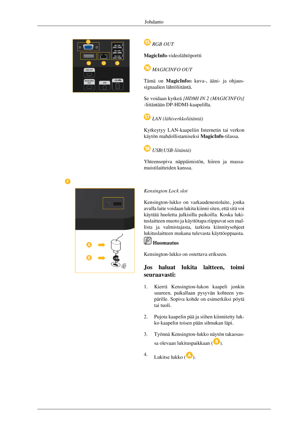 Samsung LH32HBSLBC/EN, LH32HBTLBC/EN, LH32HBPLBC/EN manual USBUSB-liitäntä, Kensington Lock slot 