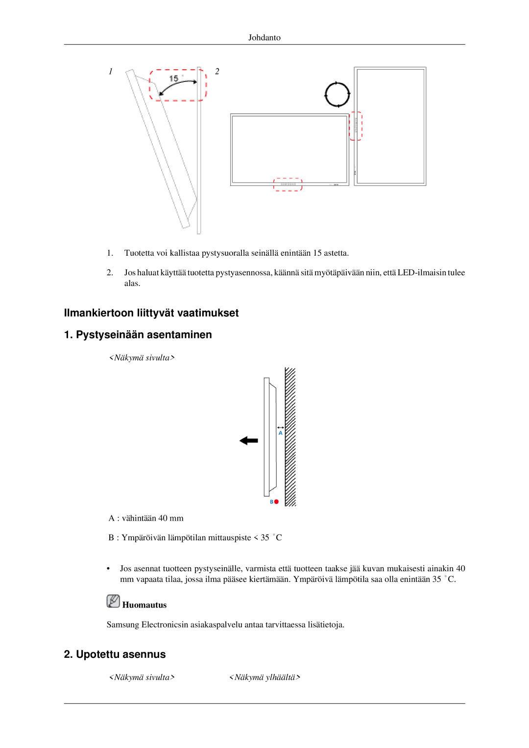 Samsung LH32HBTLBC/EN, LH32HBPLBC/EN, LH32HBSLBC/EN manual Upotettu asennus, Näkymä sivulta Näkymä ylhäältä 