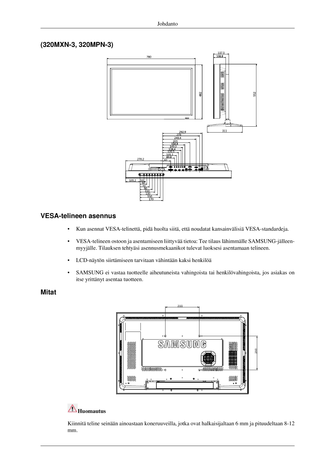 Samsung LH32HBSLBC/EN, LH32HBTLBC/EN, LH32HBPLBC/EN manual 320MXN-3, 320MPN-3 VESA-telineen asennus, Mitat 