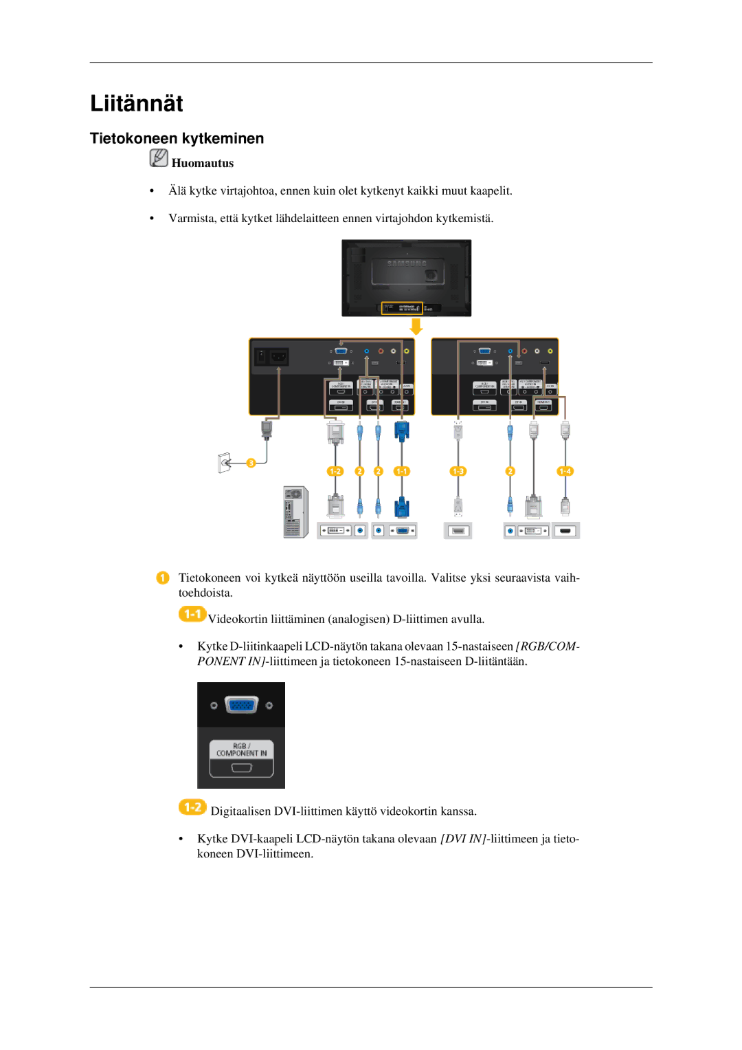 Samsung LH32HBPLBC/EN, LH32HBTLBC/EN, LH32HBSLBC/EN manual Liitännät, Tietokoneen kytkeminen 