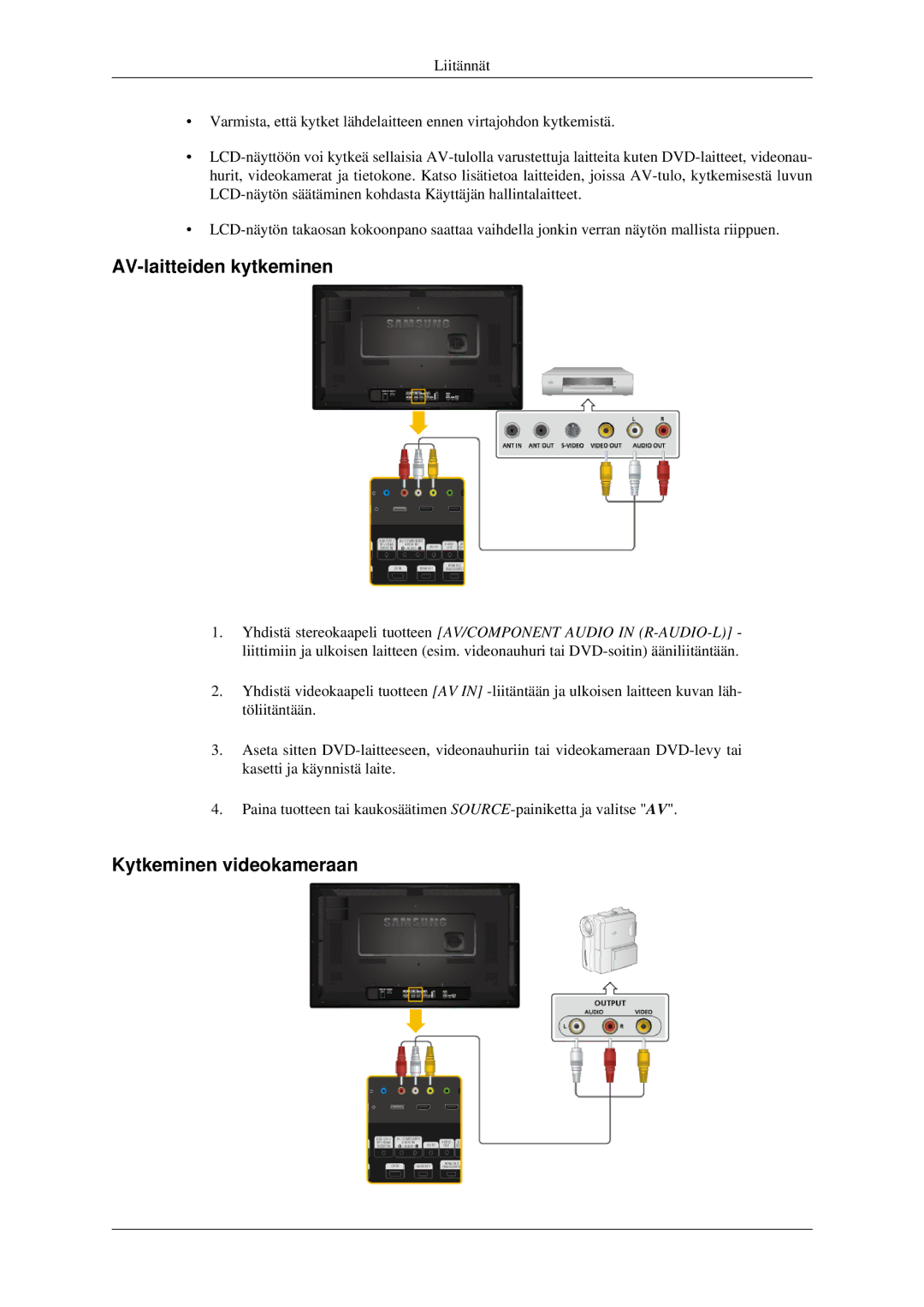 Samsung LH32HBTLBC/EN, LH32HBPLBC/EN, LH32HBSLBC/EN manual AV-laitteiden kytkeminen, Kytkeminen videokameraan 