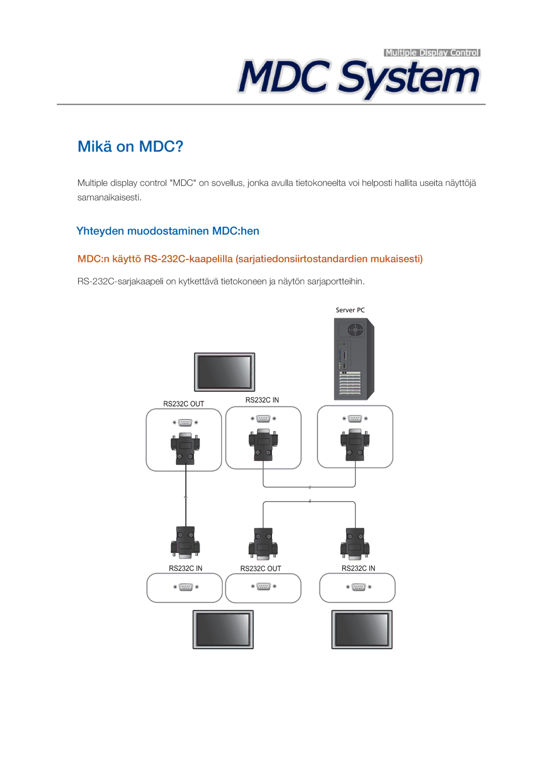 Samsung LH32HBPLBC/EN, LH32HBTLBC/EN, LH32HBSLBC/EN manual Mikä on MDC?, Yhteyden muodostaminen MDChen 