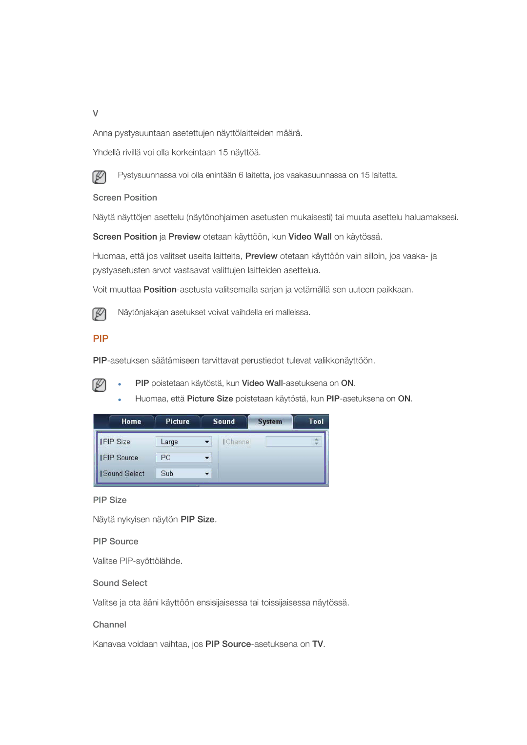 Samsung LH32HBTLBC/EN, LH32HBPLBC/EN, LH32HBSLBC/EN manual Screen Position, PIP Size, PIP Source, Sound Select 