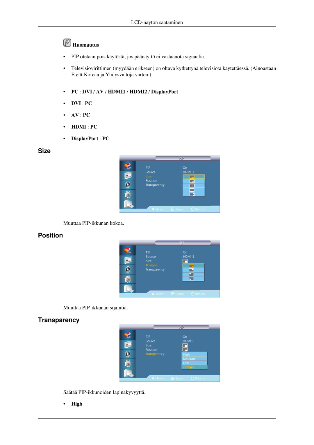 Samsung LH32HBPLBC/EN, LH32HBTLBC/EN, LH32HBSLBC/EN manual Size, Position, Transparency 