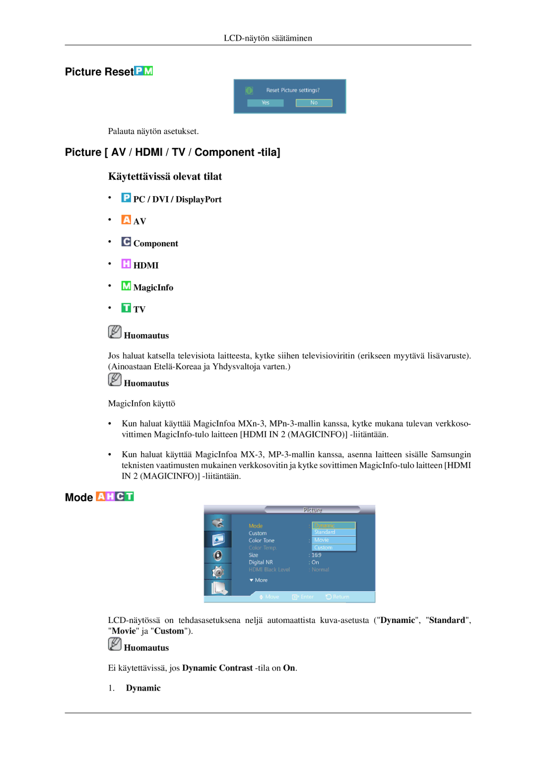 Samsung LH32HBSLBC/EN, LH32HBTLBC/EN, LH32HBPLBC/EN manual Picture Reset, Picture AV / Hdmi / TV / Component -tila, Dynamic 