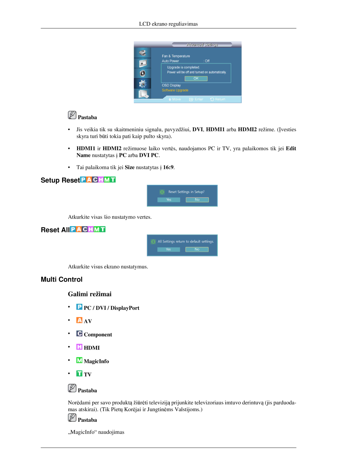 Samsung LH32HBPLBC/EN, LH32HBTLBC/EN, LH32HBSLBC/EN manual Setup Reset, Reset All, Multi Control 