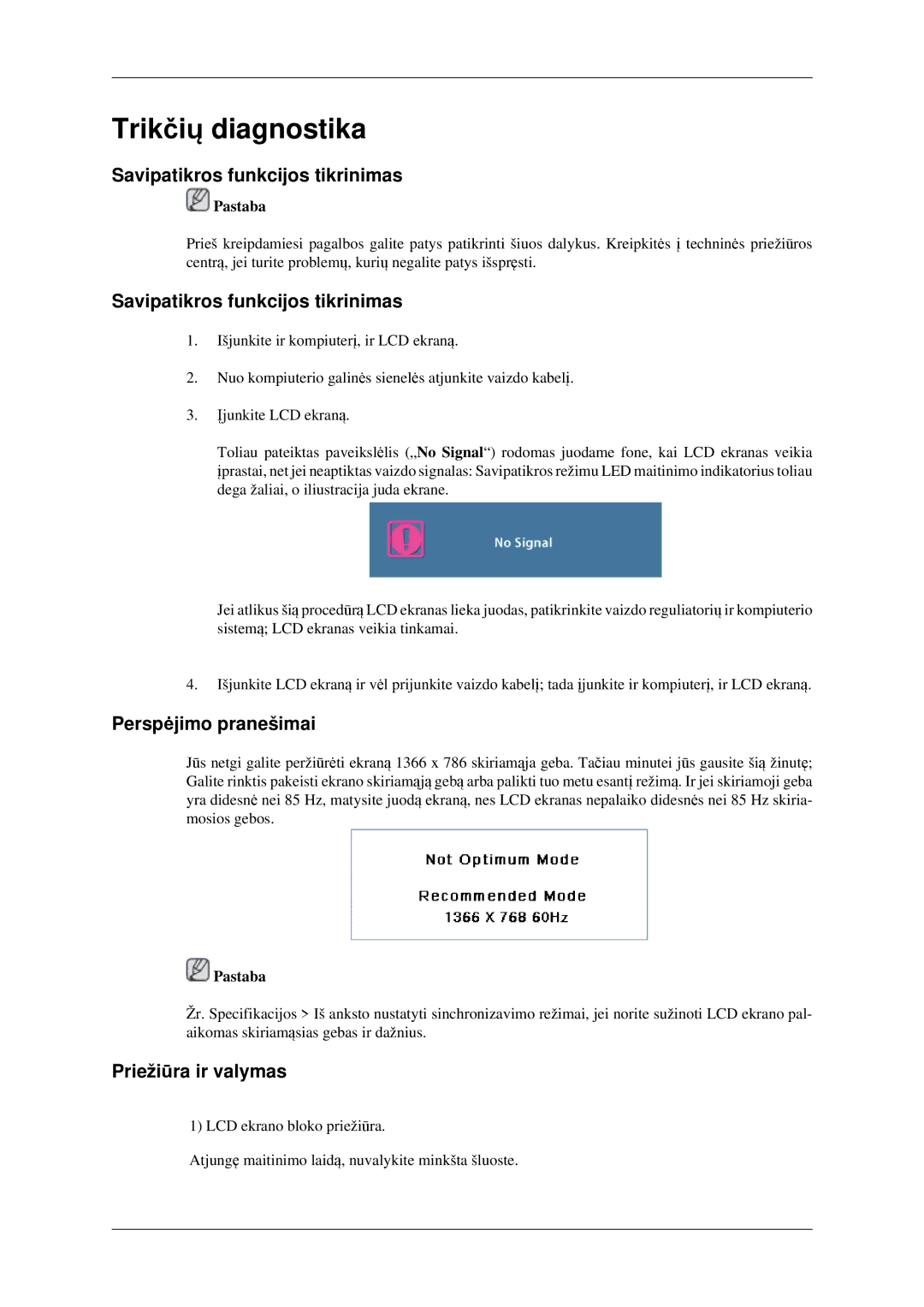 Samsung LH32HBPLBC/EN, LH32HBTLBC/EN manual Savipatikros funkcijos tikrinimas, Perspėjimo pranešimai, Priežiūra ir valymas 