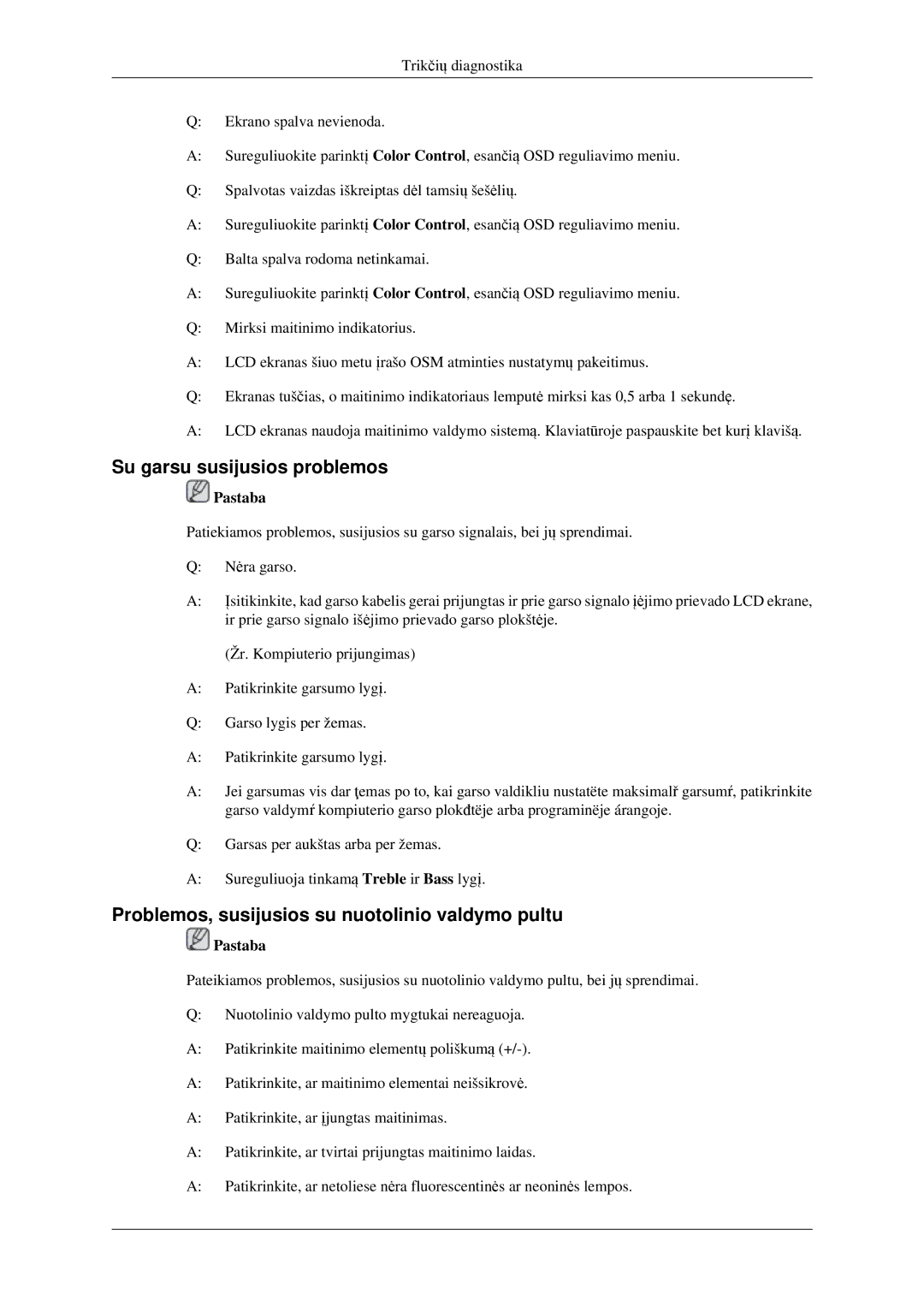 Samsung LH32HBPLBC/EN, LH32HBTLBC/EN manual Su garsu susijusios problemos, Problemos, susijusios su nuotolinio valdymo pultu 