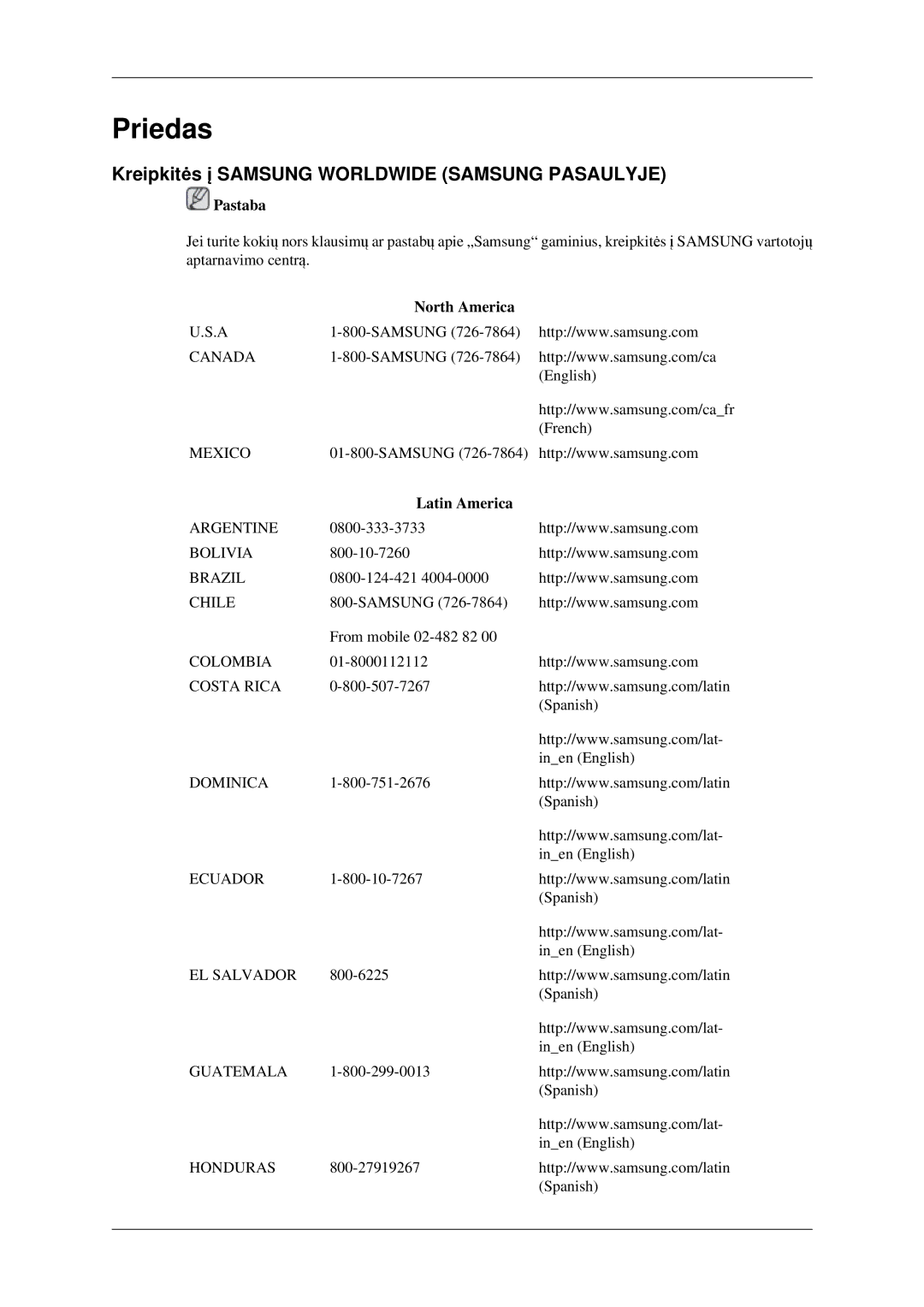 Samsung LH32HBTLBC/EN, LH32HBPLBC/EN manual Kreipkitės į Samsung Worldwide Samsung Pasaulyje, North America, Latin America 