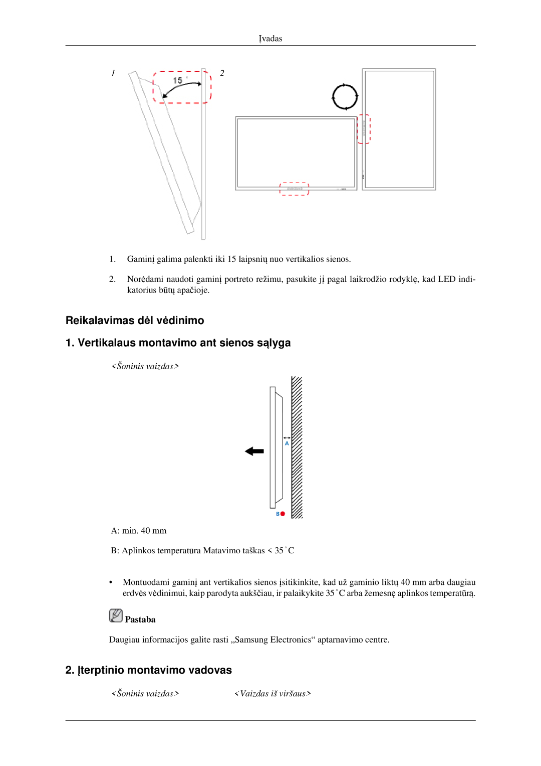 Samsung LH32HBTLBC/EN, LH32HBPLBC/EN, LH32HBSLBC/EN Įterptinio montavimo vadovas, Šoninis vaizdas Vaizdas iš viršaus 