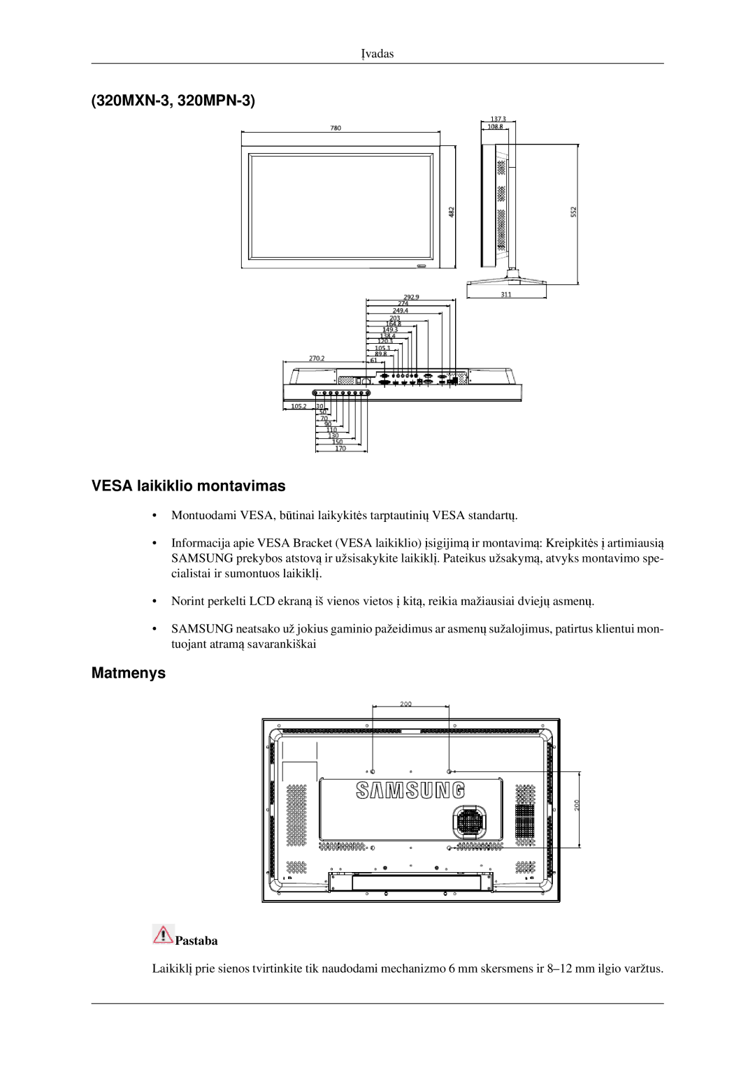 Samsung LH32HBSLBC/EN, LH32HBTLBC/EN, LH32HBPLBC/EN manual 320MXN-3, 320MPN-3 Vesa laikiklio montavimas, Matmenys 