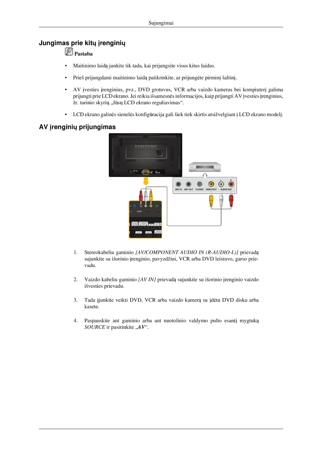 Samsung LH32HBPLBC/EN, LH32HBTLBC/EN, LH32HBSLBC/EN manual Jungimas prie kitų įrenginių, AV įrenginių prijungimas 