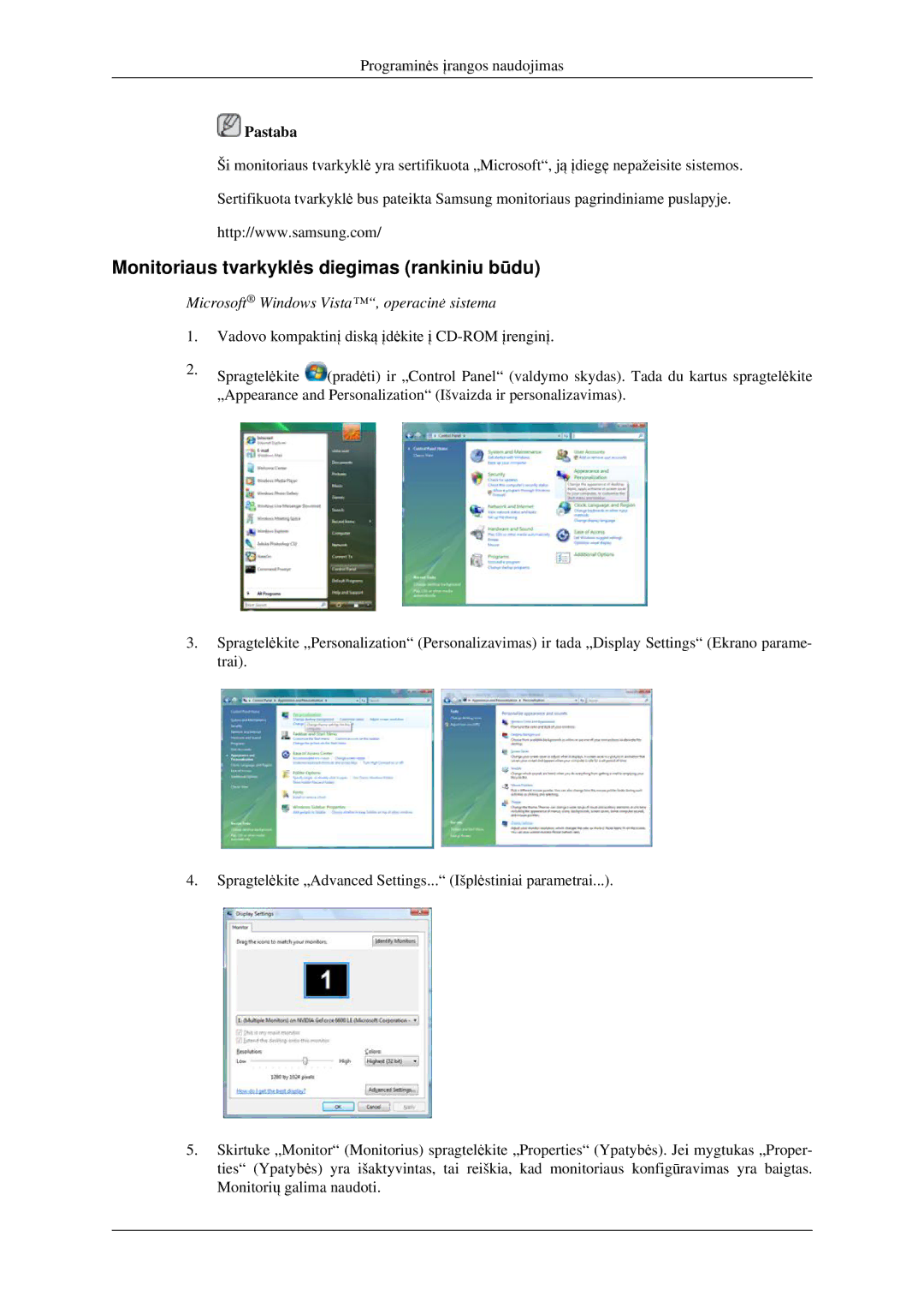 Samsung LH32HBSLBC/EN manual Monitoriaus tvarkyklės diegimas rankiniu būdu, Microsoft Windows Vista, operacinė sistema 