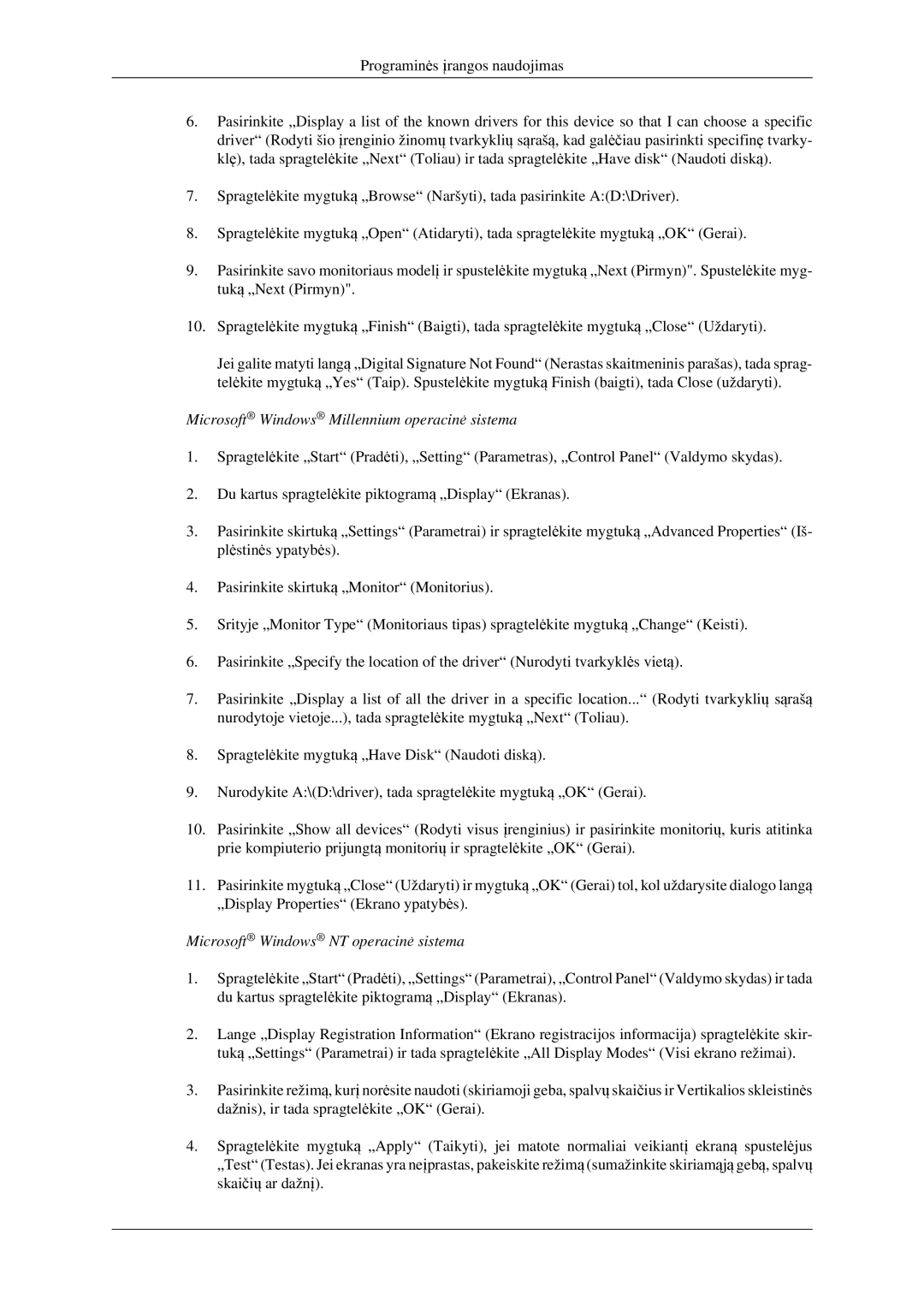 Samsung LH32HBSLBC/EN manual Microsoft Windows Millennium operacinė sistema, Microsoft Windows NT operacinė sistema 