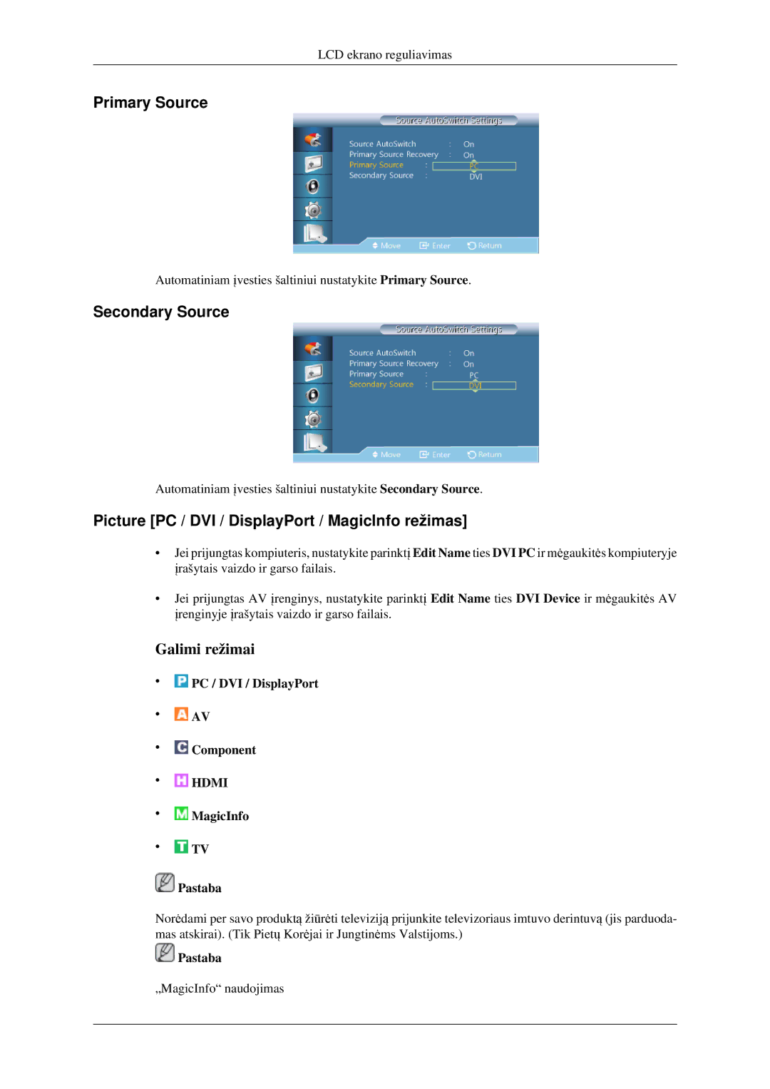 Samsung LH32HBSLBC/EN, LH32HBTLBC/EN Primary Source, Secondary Source, Picture PC / DVI / DisplayPort / MagicInfo režimas 