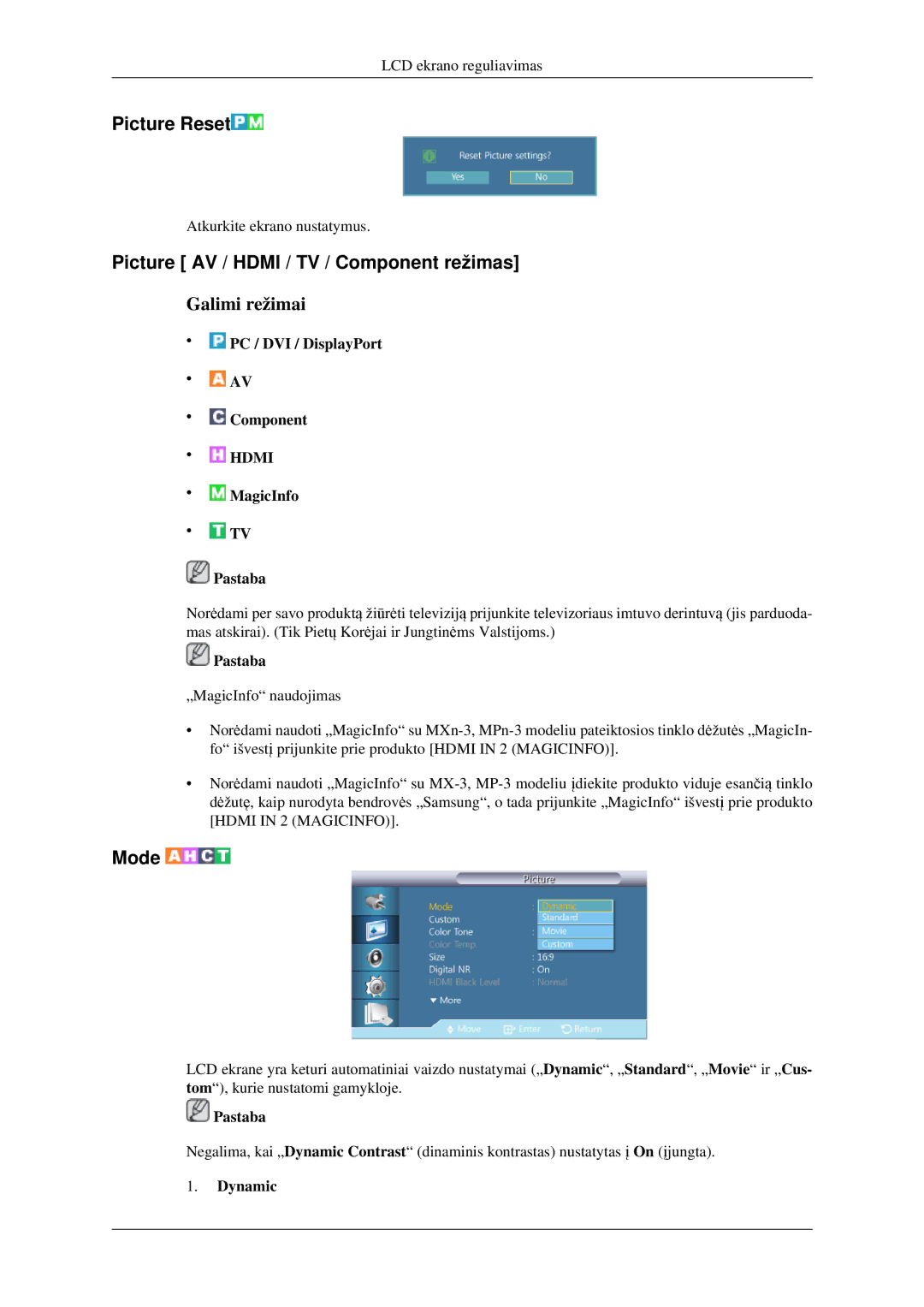 Samsung LH32HBTLBC/EN, LH32HBPLBC/EN, LH32HBSLBC/EN manual Picture Reset, Picture AV / Hdmi / TV / Component režimas, Dynamic 