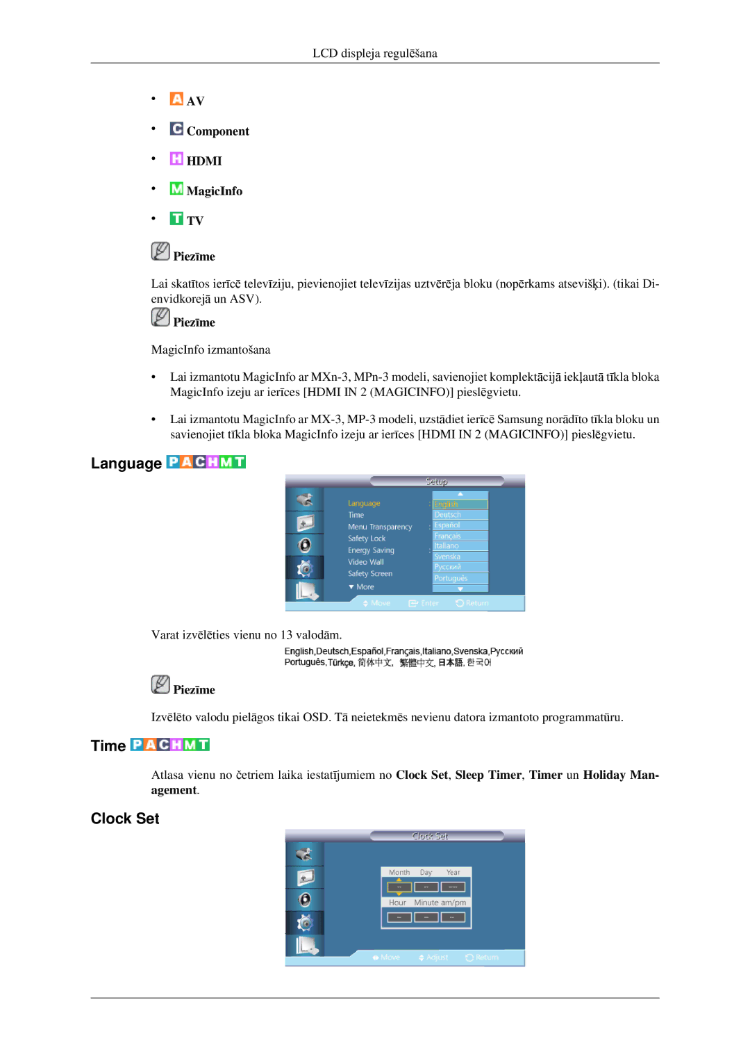 Samsung LH32HBSLBC/EN, LH32HBTLBC/EN, LH32HBPLBC/EN manual Language, Time, Clock Set 