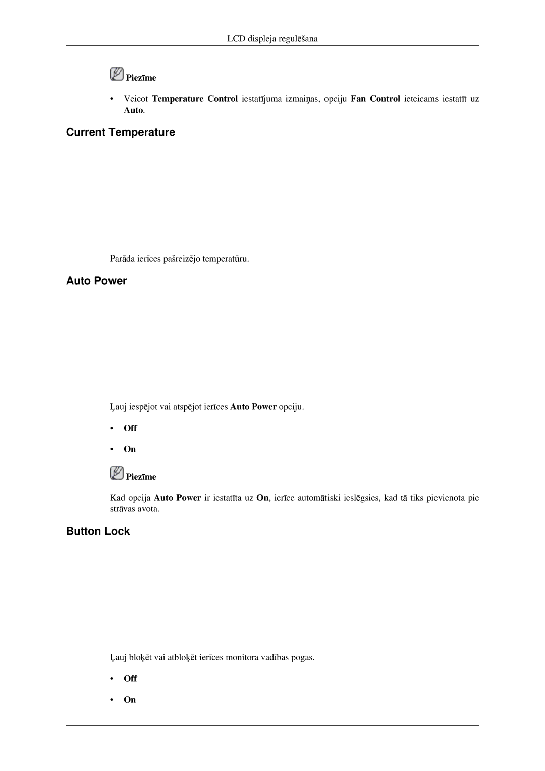 Samsung LH32HBSLBC/EN, LH32HBTLBC/EN, LH32HBPLBC/EN manual Current Temperature, Auto Power, Button Lock 