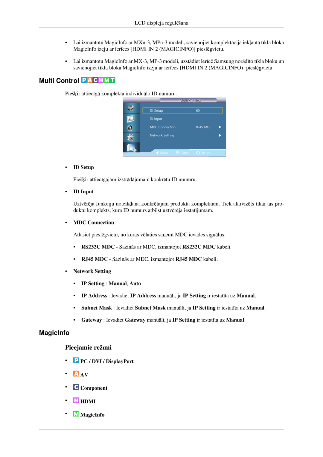 Samsung LH32HBPLBC/EN manual MagicInfo, ID Setup, ID Input, MDC Connection, Network Setting IP Setting Manual, Auto 