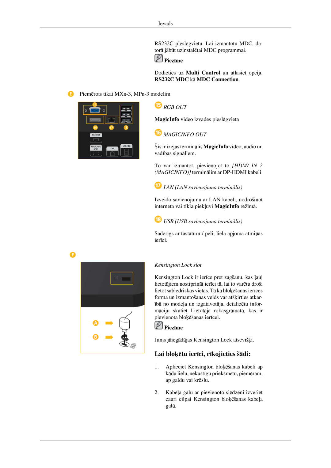 Samsung LH32HBSLBC/EN manual RS232C MDC kā MDC Connection, LAN LAN savienojuma terminālis, USB USB savienojuma terminālis 