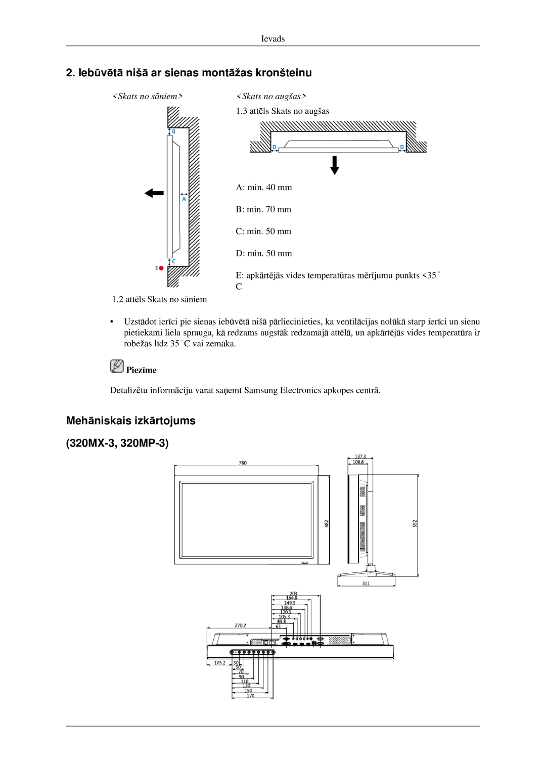 Samsung LH32HBPLBC/EN, LH32HBTLBC/EN Iebūvētā nišā ar sienas montāžas kronšteinu, Mehāniskais izkārtojums 320MX-3, 320MP-3 