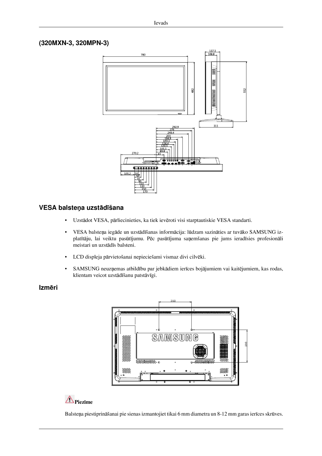 Samsung LH32HBSLBC/EN, LH32HBTLBC/EN, LH32HBPLBC/EN manual 320MXN-3, 320MPN-3 Vesa balsteņa uzstādīšana, Izmēri 