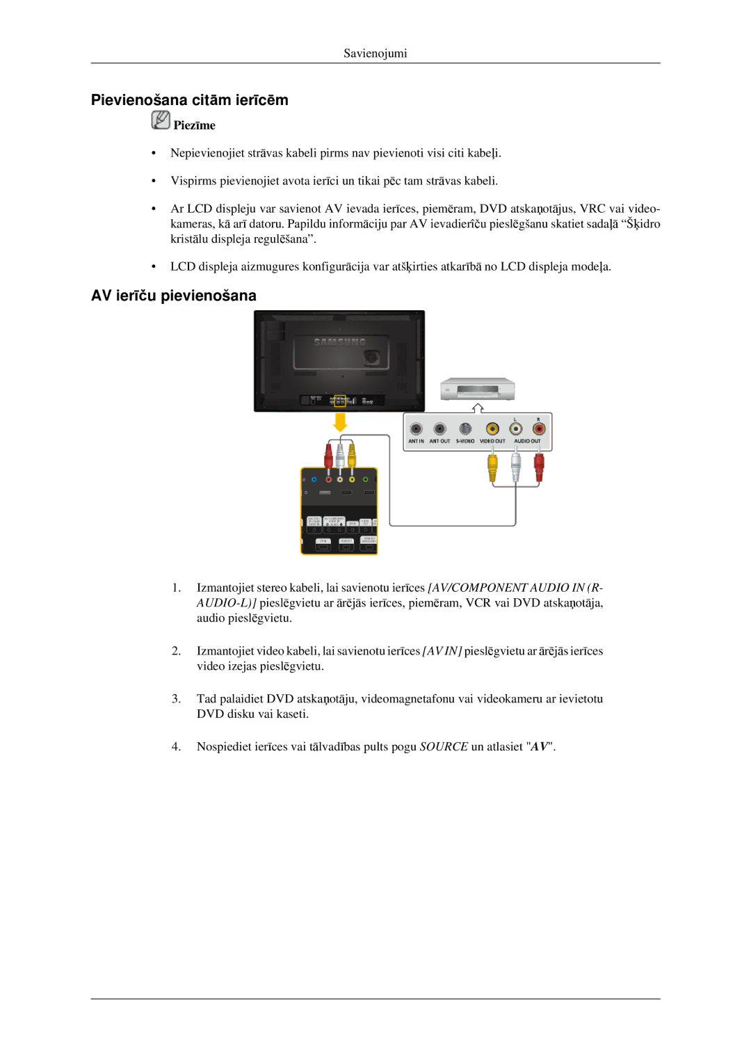 Samsung LH32HBTLBC/EN, LH32HBPLBC/EN, LH32HBSLBC/EN manual Pievienošana citām ierīcēm, AV ierīču pievienošana 