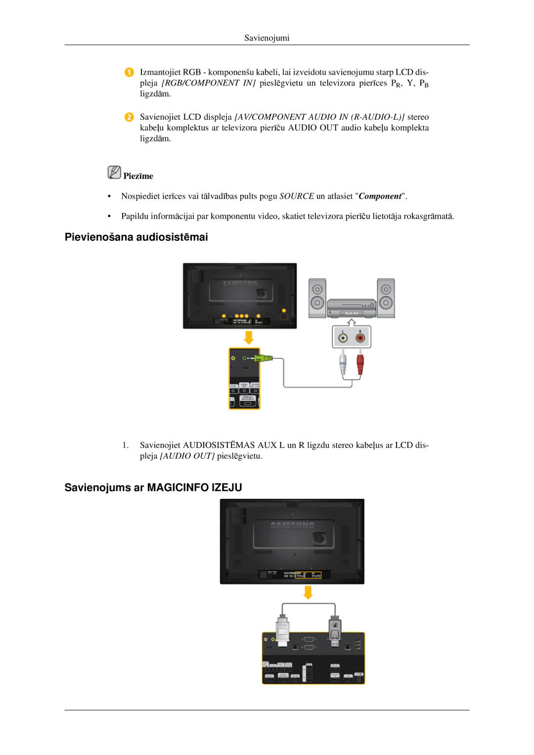 Samsung LH32HBPLBC/EN, LH32HBTLBC/EN, LH32HBSLBC/EN manual Pievienošana audiosistēmai, Savienojums ar Magicinfo Izeju 