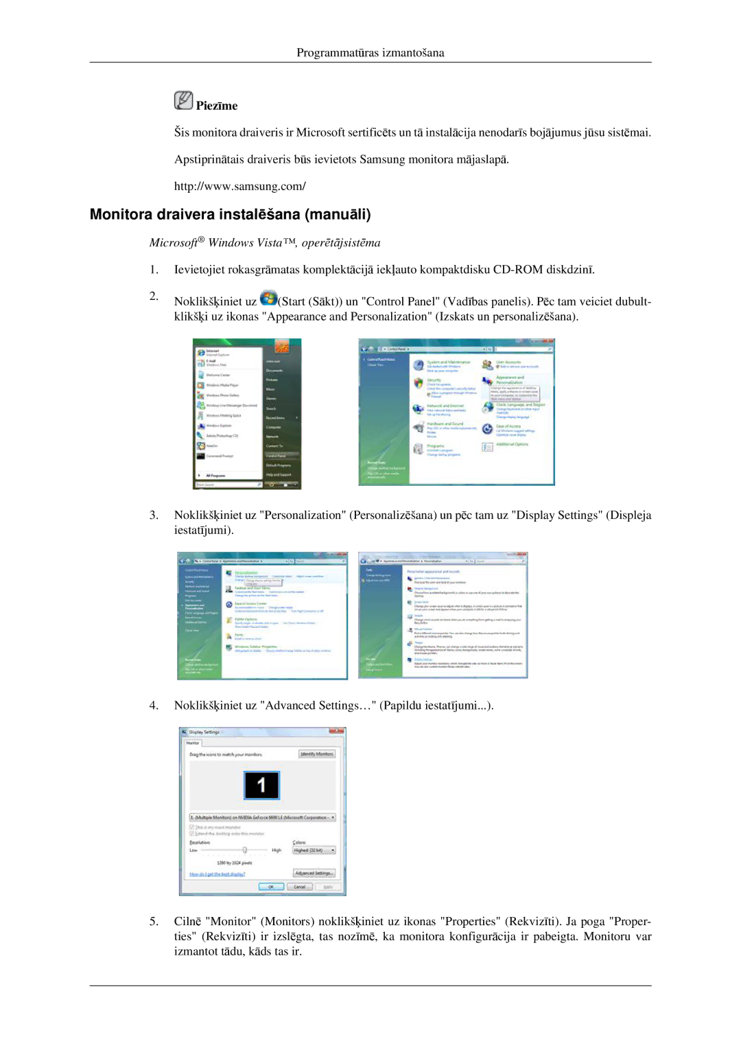 Samsung LH32HBPLBC/EN, LH32HBTLBC/EN manual Monitora draivera instalēšana manuāli, Microsoft Windows Vista‚ operētājsistēma 