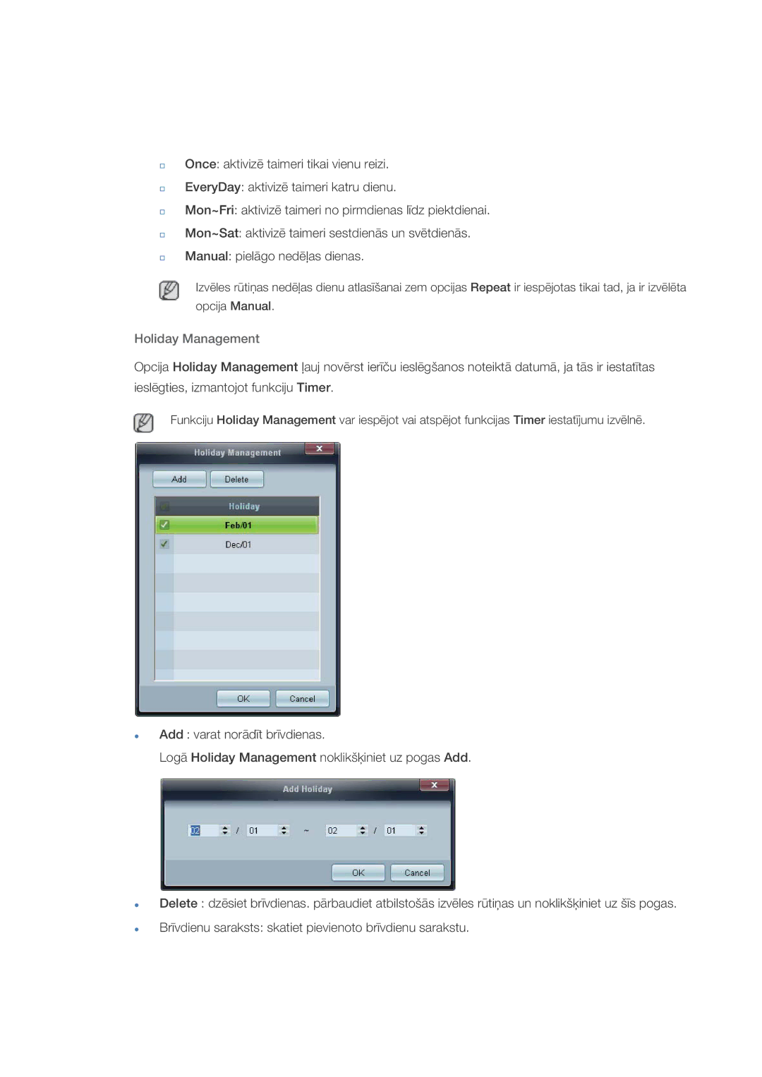 Samsung LH32HBPLBC/EN, LH32HBTLBC/EN, LH32HBSLBC/EN manual Holiday Management 