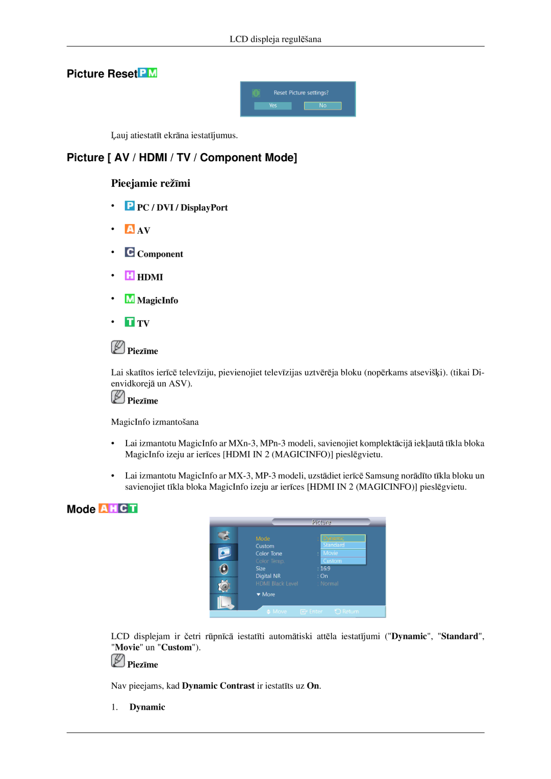 Samsung LH32HBSLBC/EN, LH32HBTLBC/EN, LH32HBPLBC/EN manual Picture Reset, Picture AV / Hdmi / TV / Component Mode, Dynamic 