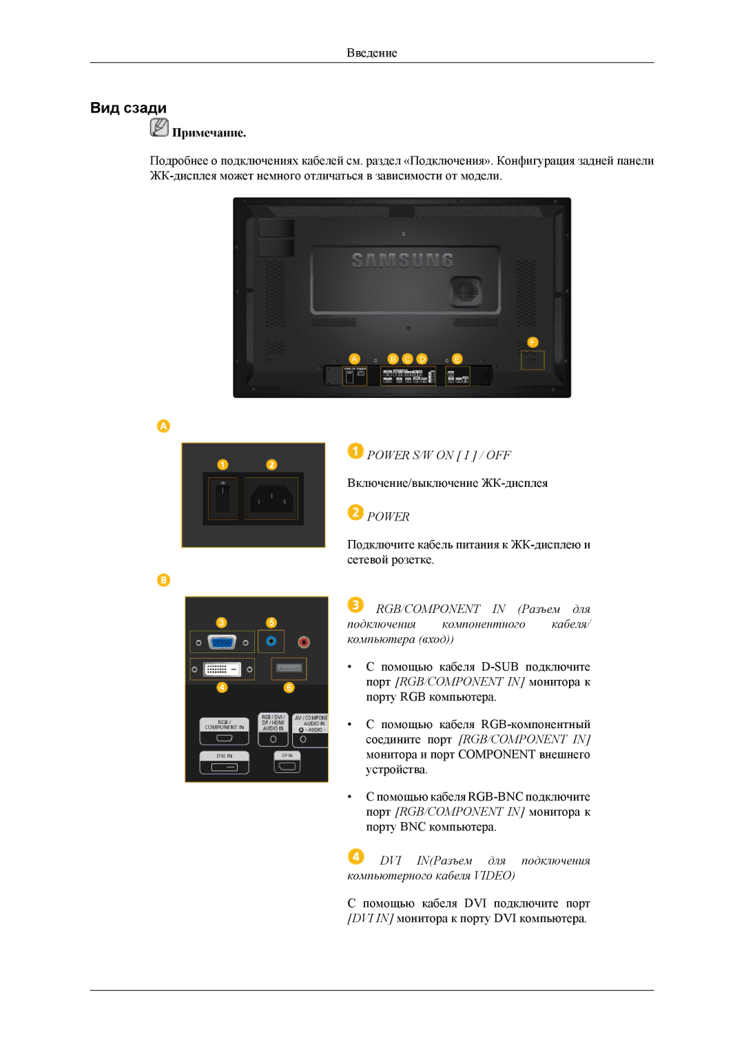 Samsung LH32HBPLBC/EN manual Вид сзади, Power S/W on I / OFF, DVI INРазъем для подключения компьютерного кабеля Video 