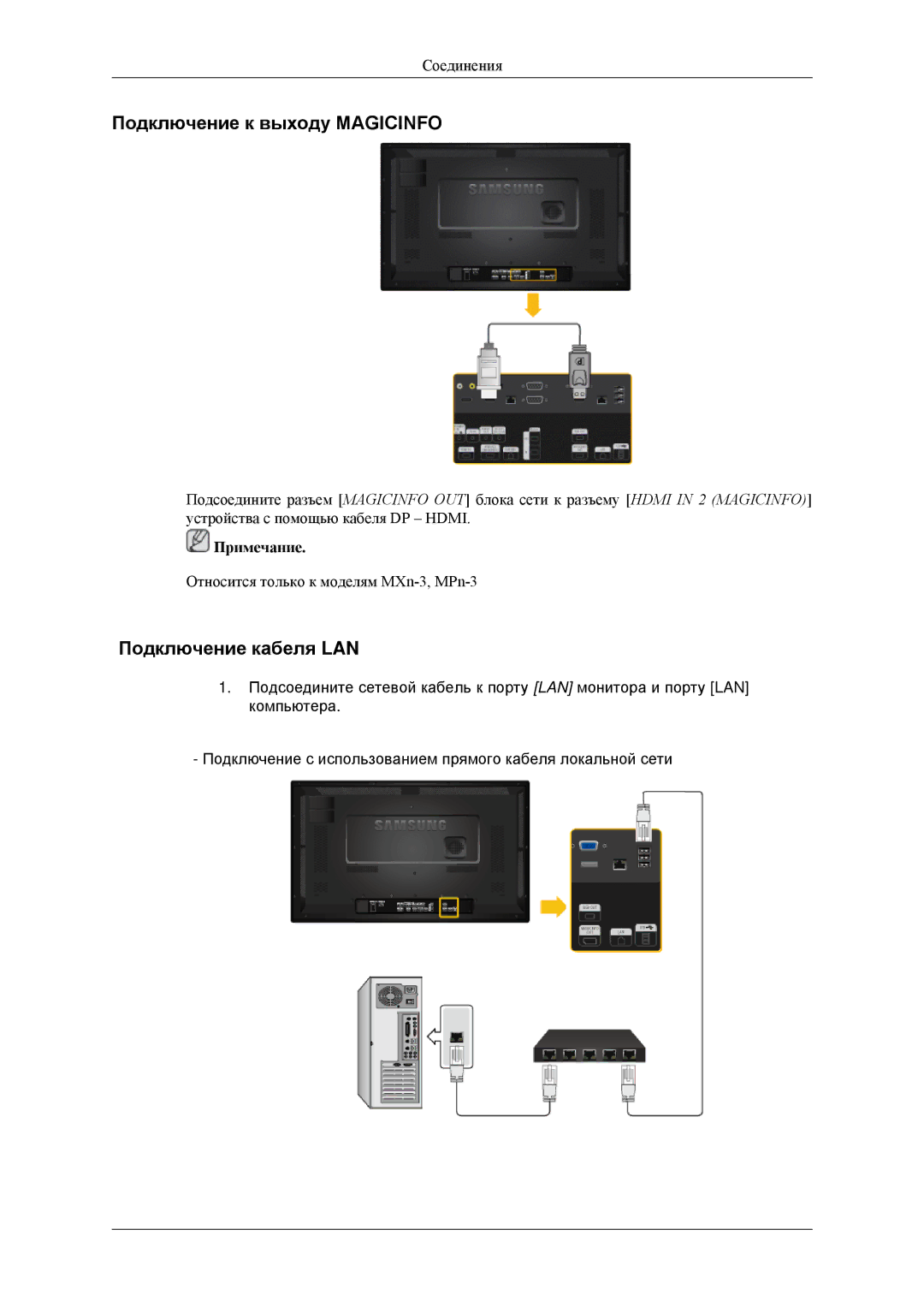 Samsung LH32HBTLBC/EN, LH32HBPLBC/EN, LH32HBSLBC/EN manual Подключение к выходу Magicinfo, Подключение кабеля LAN 