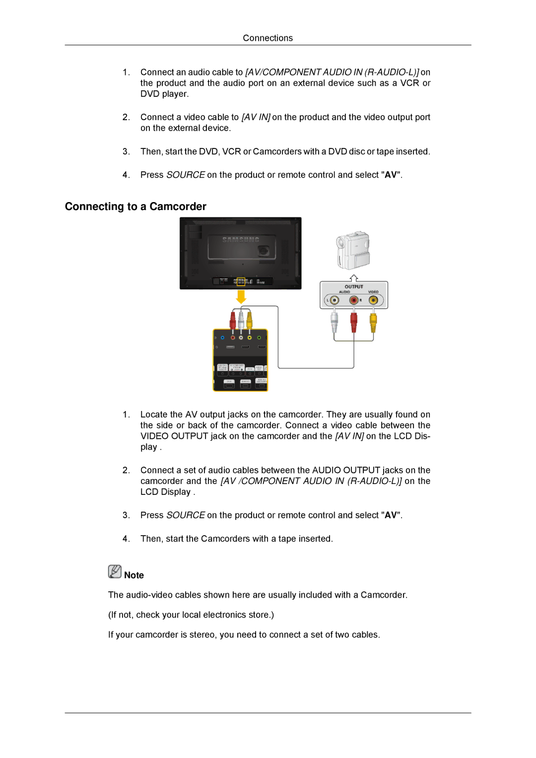 Samsung LH32MGULBC/ZB, LH32HBTLBC/EN, LH32HBPLBC/EN, LH32MGULBC/EN, LH32HBSLBC/EN, LH32HBTLBC/XJ Connecting to a Camcorder 