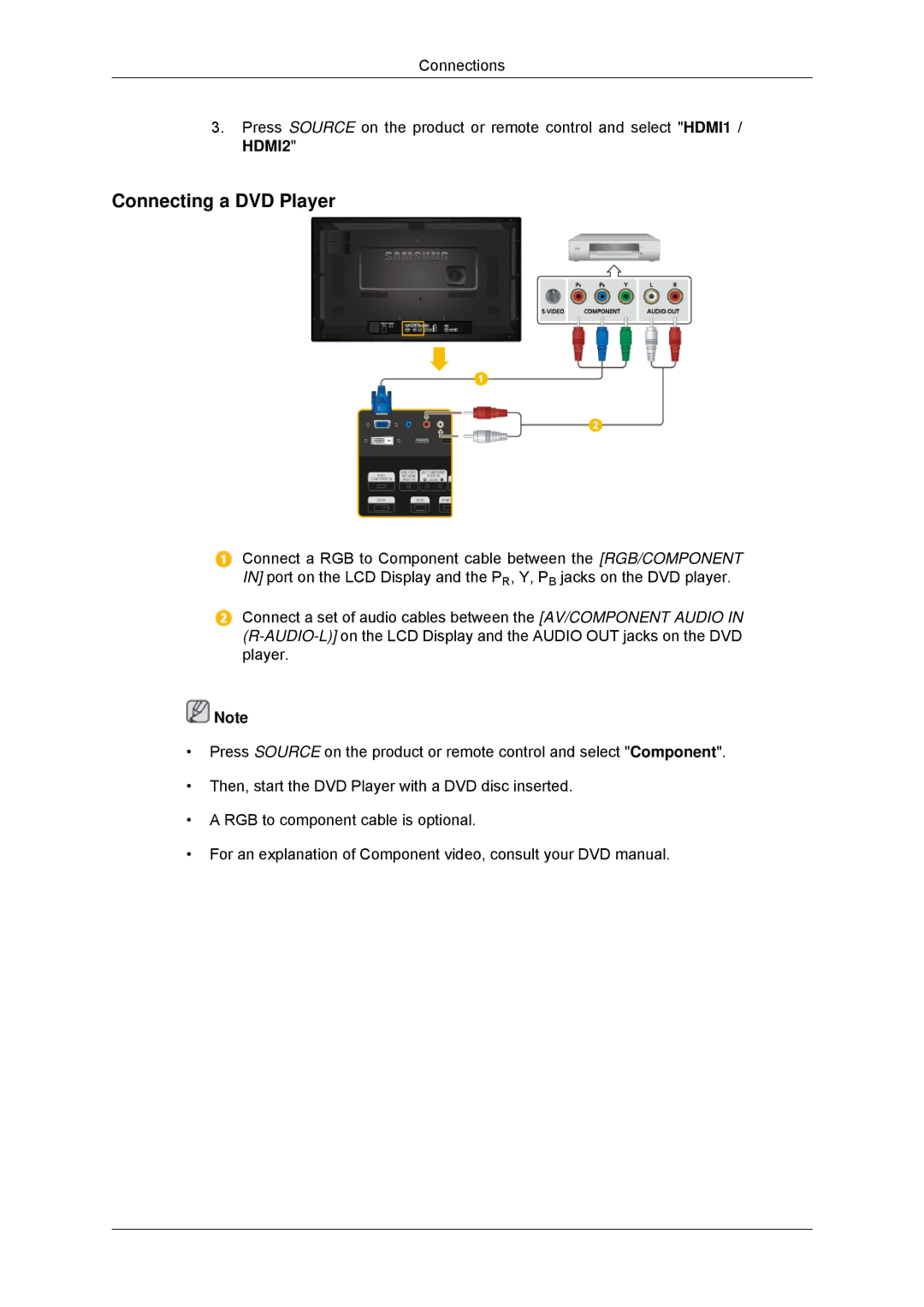 Samsung LH32HBTLBC/SM, LH32HBTLBC/EN, LH32HBPLBC/EN, LH32MGULBC/EN, LH32HBSLBC/EN, LH32HBTLBC/XJ manual Connecting a DVD Player 