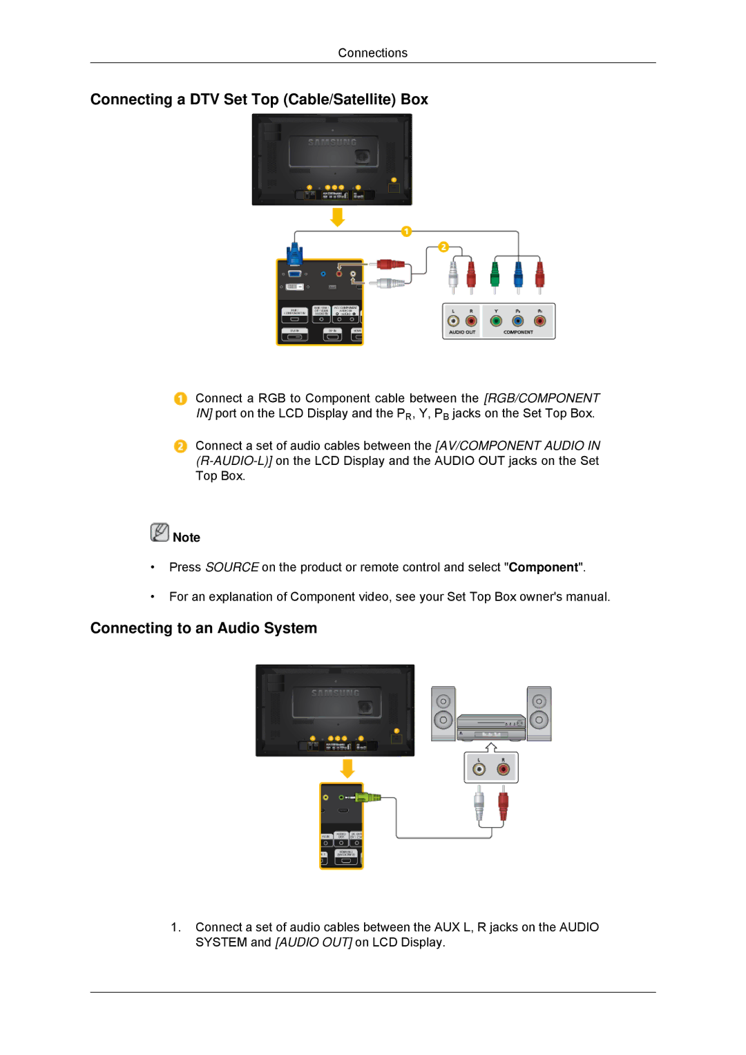 Samsung LH32HBPPBC/EN, LH32HBTLBC/EN manual Connecting a DTV Set Top Cable/Satellite Box, Connecting to an Audio System 