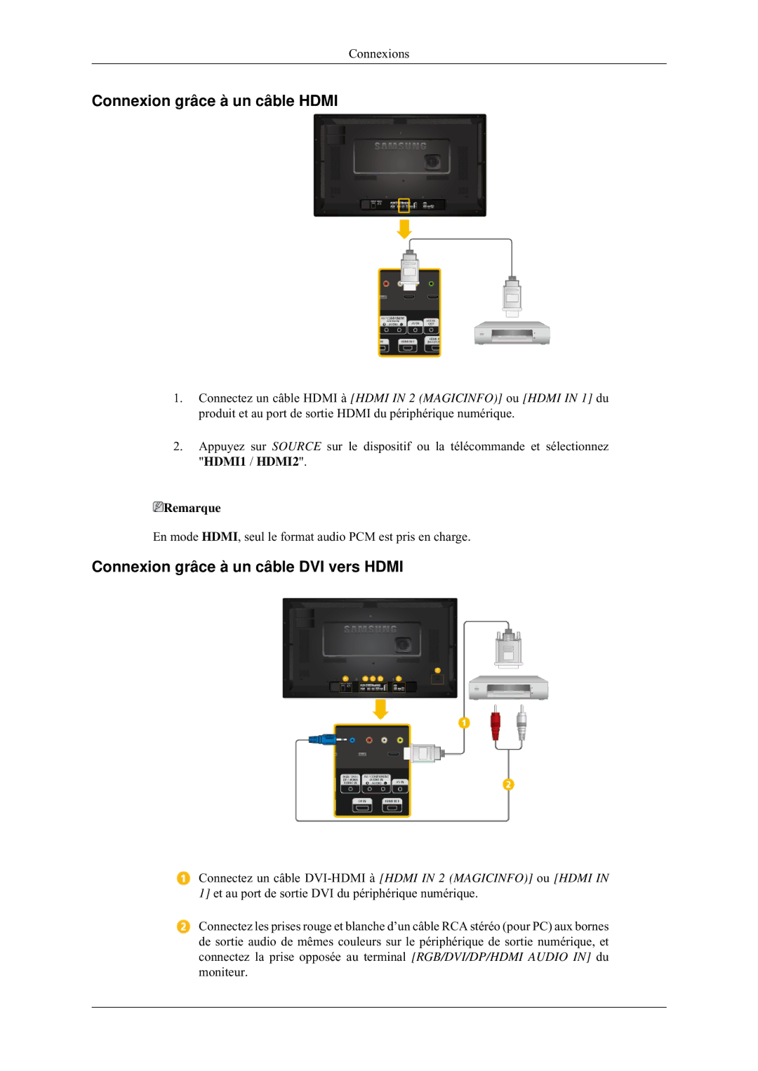 Samsung LH32HBTLBC/EN, LH32HBPLBC/EN manual Connexion grâce à un câble Hdmi, Connexion grâce à un câble DVI vers Hdmi 