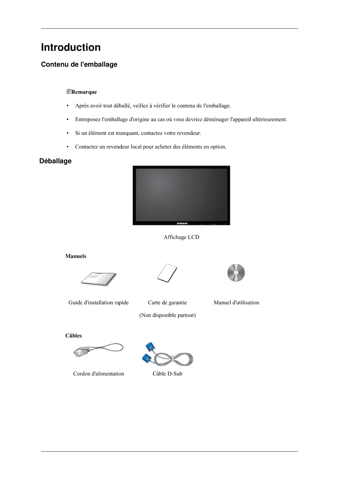 Samsung LH32MGULBC/EN, LH32HBTLBC/EN, LH32HBPLBC/EN manual Contenu de lemballage, Déballage, Remarque, Manuels, Câbles 