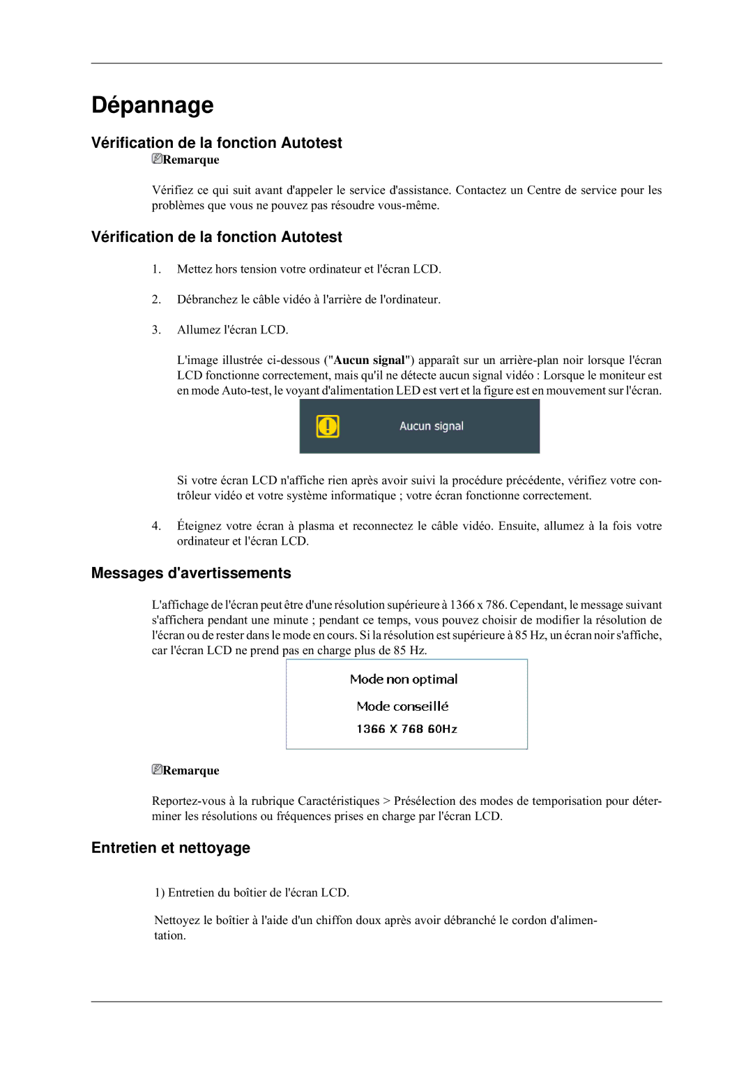 Samsung LH32HBTLBC/EN manual Vérification de la fonction Autotest, Messages davertissements, Entretien et nettoyage 