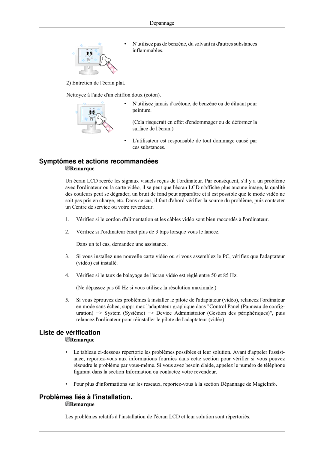 Samsung LH32HBPLBC/EN manual Symptômes et actions recommandées, Liste de vérification, Problèmes liés à linstallation 