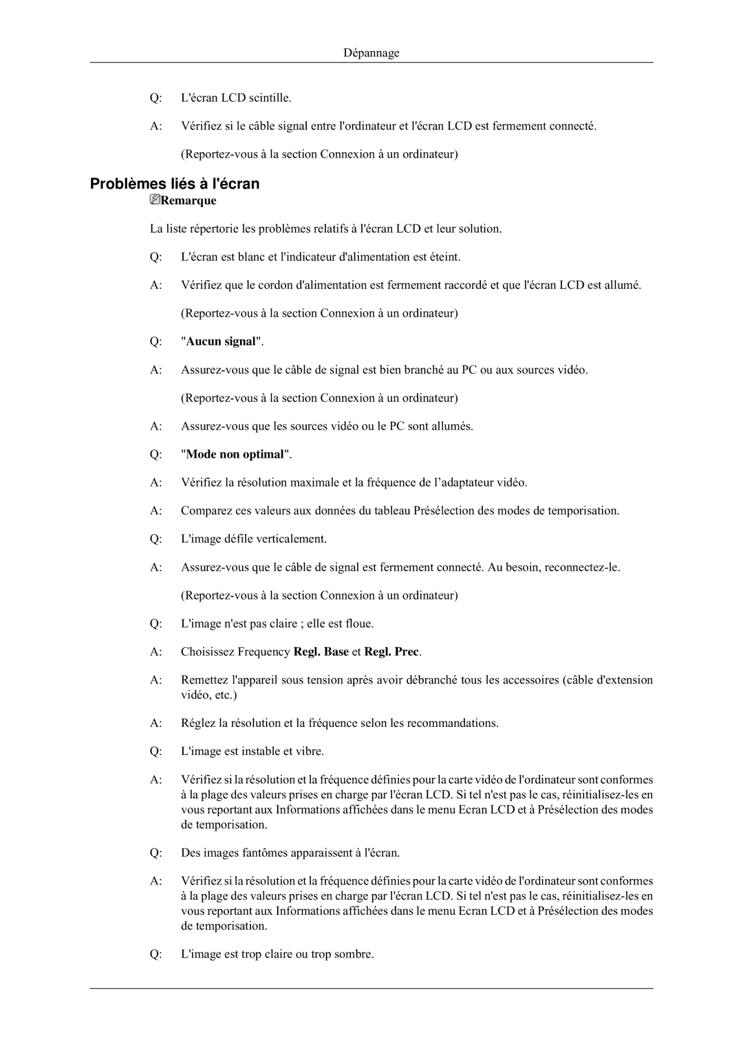 Samsung LH32MGULBC/EN, LH32HBTLBC/EN, LH32HBPLBC/EN, LH32HBSLBC/EN Problèmes liés à lécran, Aucun signal, Mode non optimal 