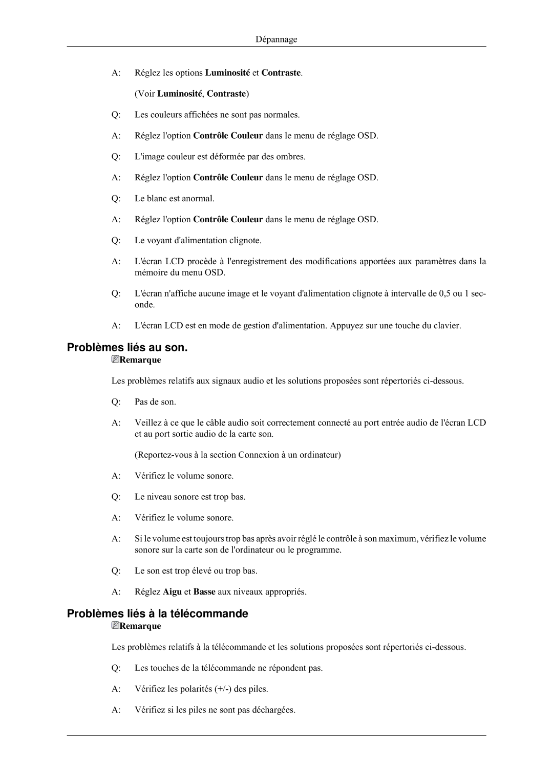 Samsung LH32HBSLBC/EN, LH32HBTLBC/EN Problèmes liés au son, Problèmes liés à la télécommande, Voir Luminosité, Contraste 