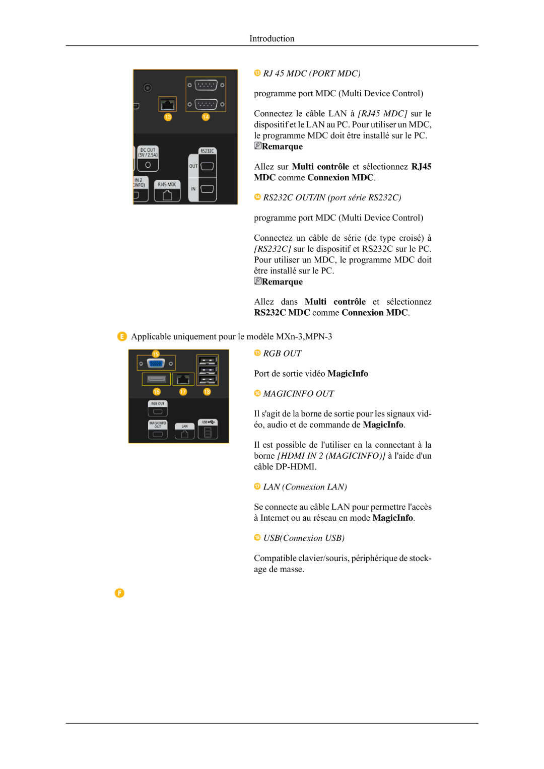 Samsung LH32HBTLBC/EN, LH32HBPLBC/EN manual RJ 45 MDC Port MDC, RS232C MDC comme Connexion MDC, Rgb Out, Magicinfo OUT 