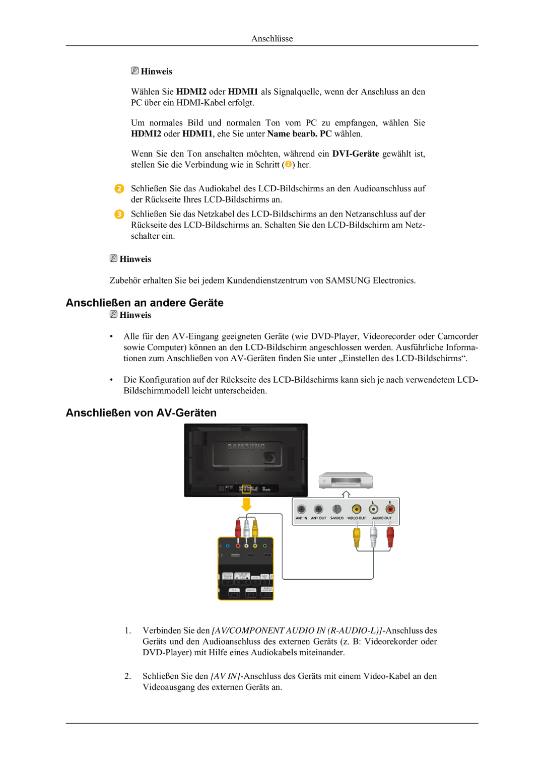 Samsung LH32HBSLBC/EN, LH32HBTLBC/EN, LH32HBPLBC/EN, LH32MGULBC/EN Anschließen an andere Geräte, Anschließen von AV-Geräten 