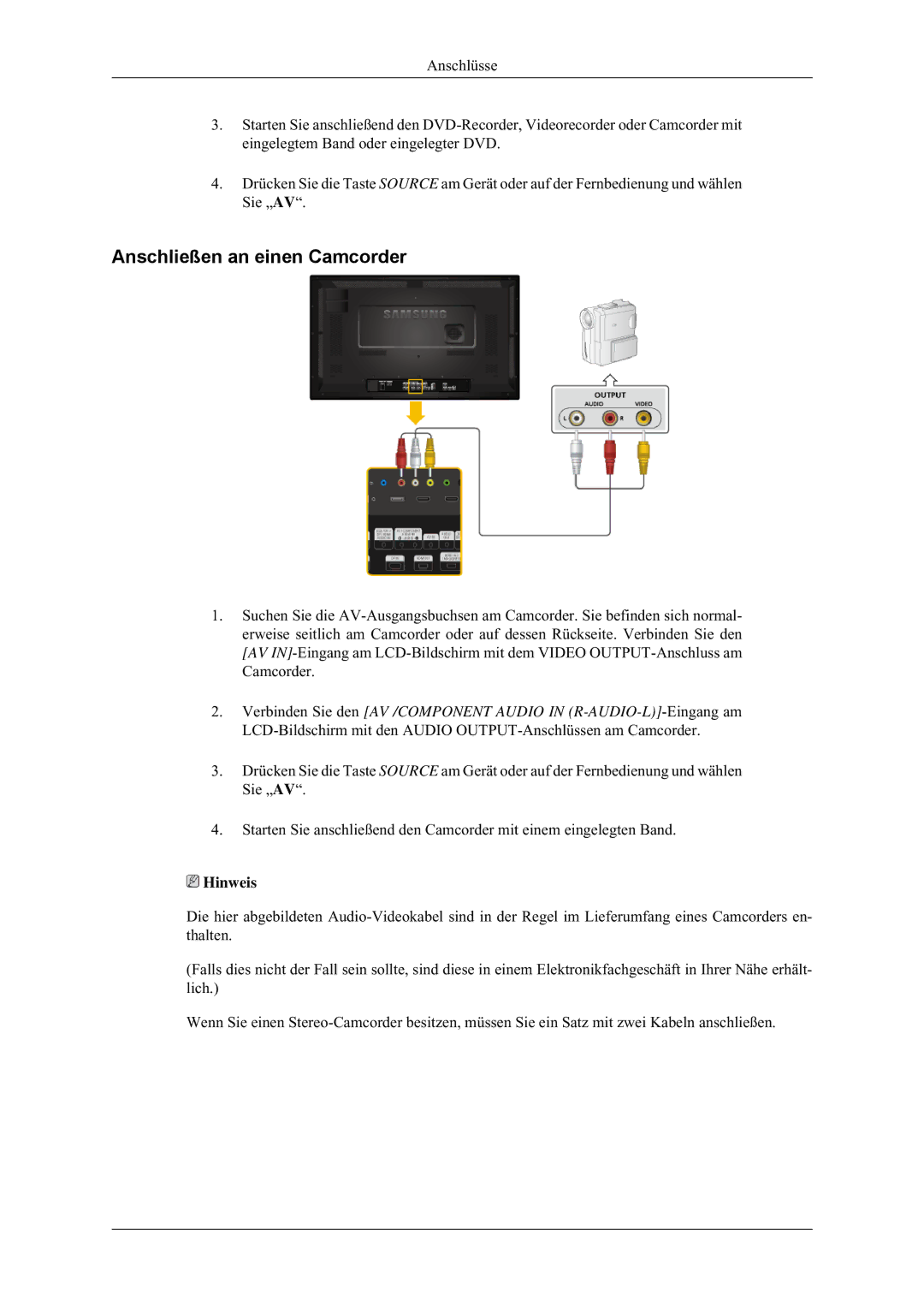 Samsung LH32HBTLBC/EN, LH32HBPLBC/EN, LH32MGULBC/EN, LH32HBSLBC/EN manual Anschließen an einen Camcorder 